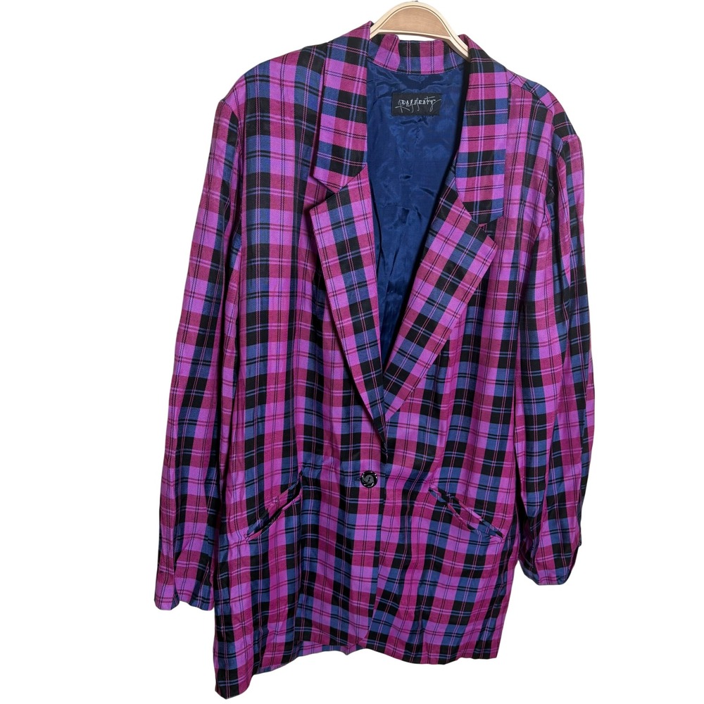 Vintage Rafferty Plaid Blazer Pink Blue Black Made in USA Size 15 80s 90s Retro
